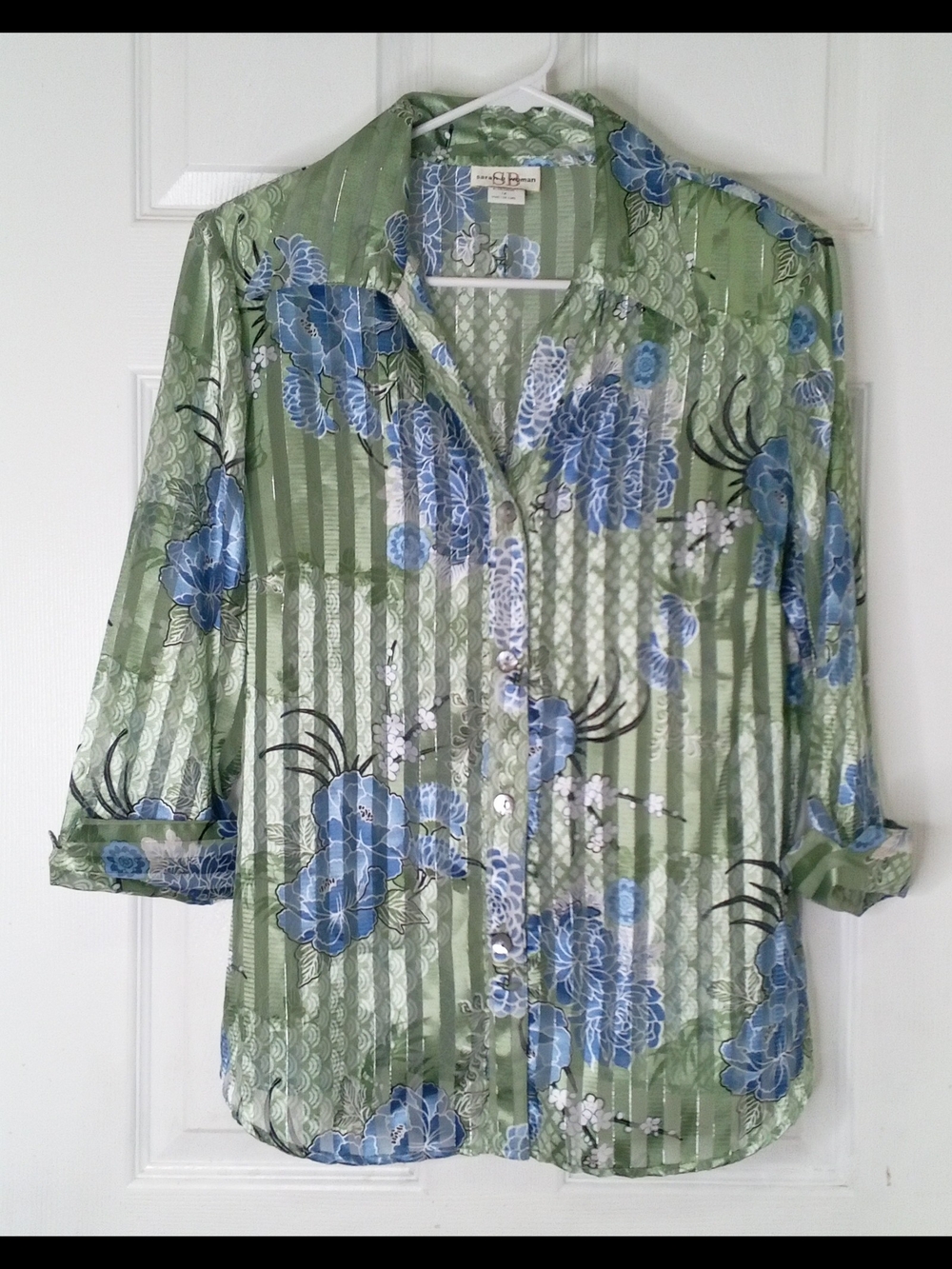 Green Floral Button-Front Sheer Shirt with Blue Bloom Print